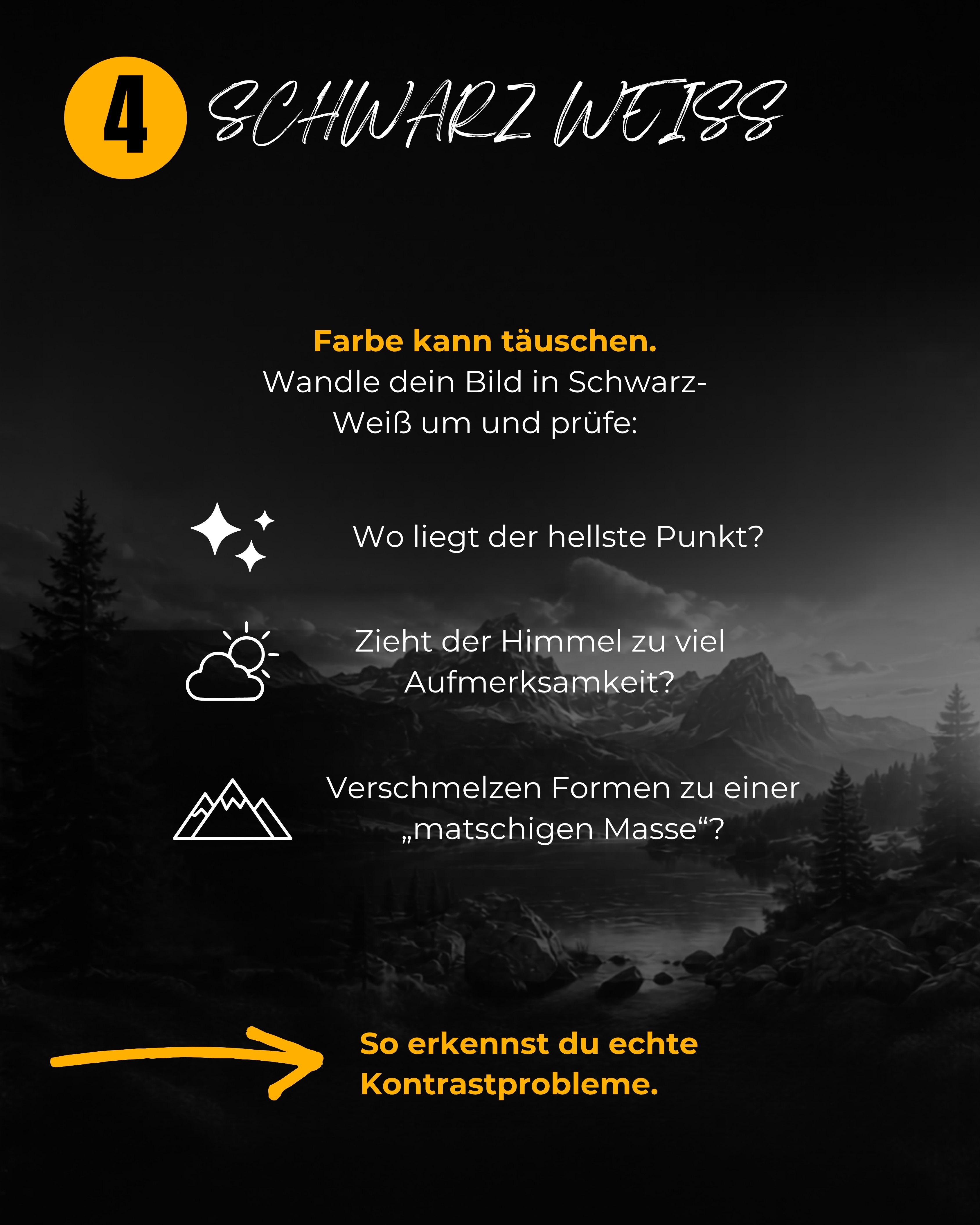 Ohne Farbe bleibt das Skelett des Bildes übrig: die Verteilung von Hell und Dunkel.