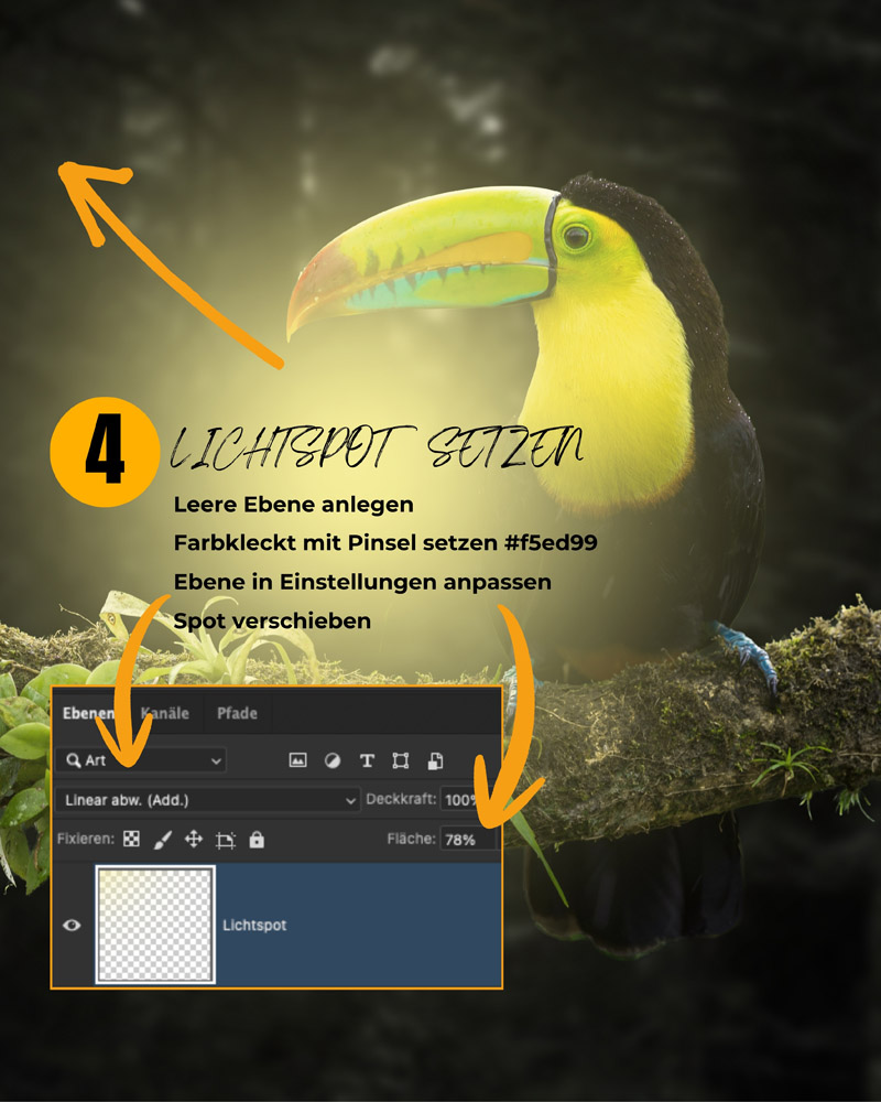 Der Lichtspot im Blendmodus Linear abwedeln, Fläche 78 Prozent.